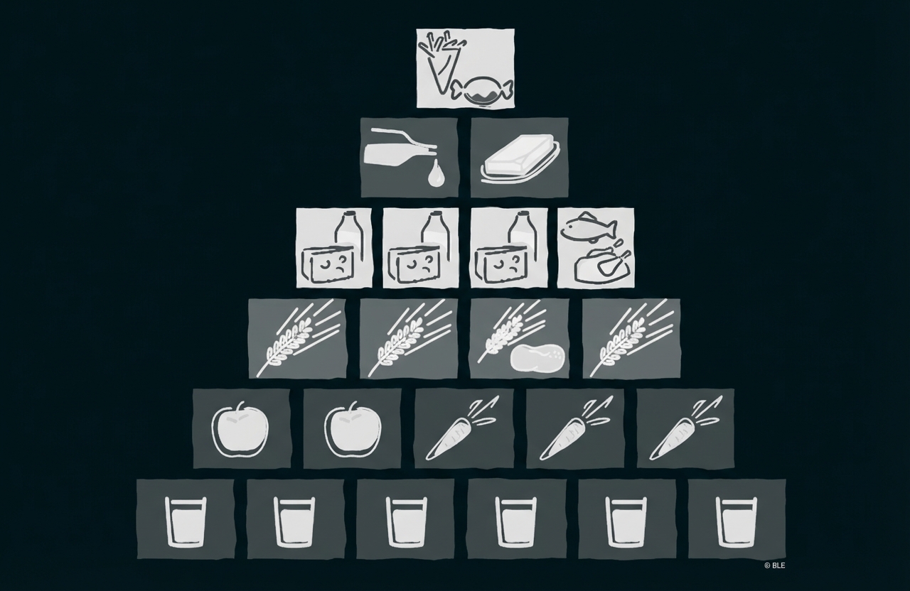 Lebensmittelpyramide mit Getränken, Obst, Gemüse, Getreide, Milchprodukten, Fisch/Fleisch, Fetten und Süßem.